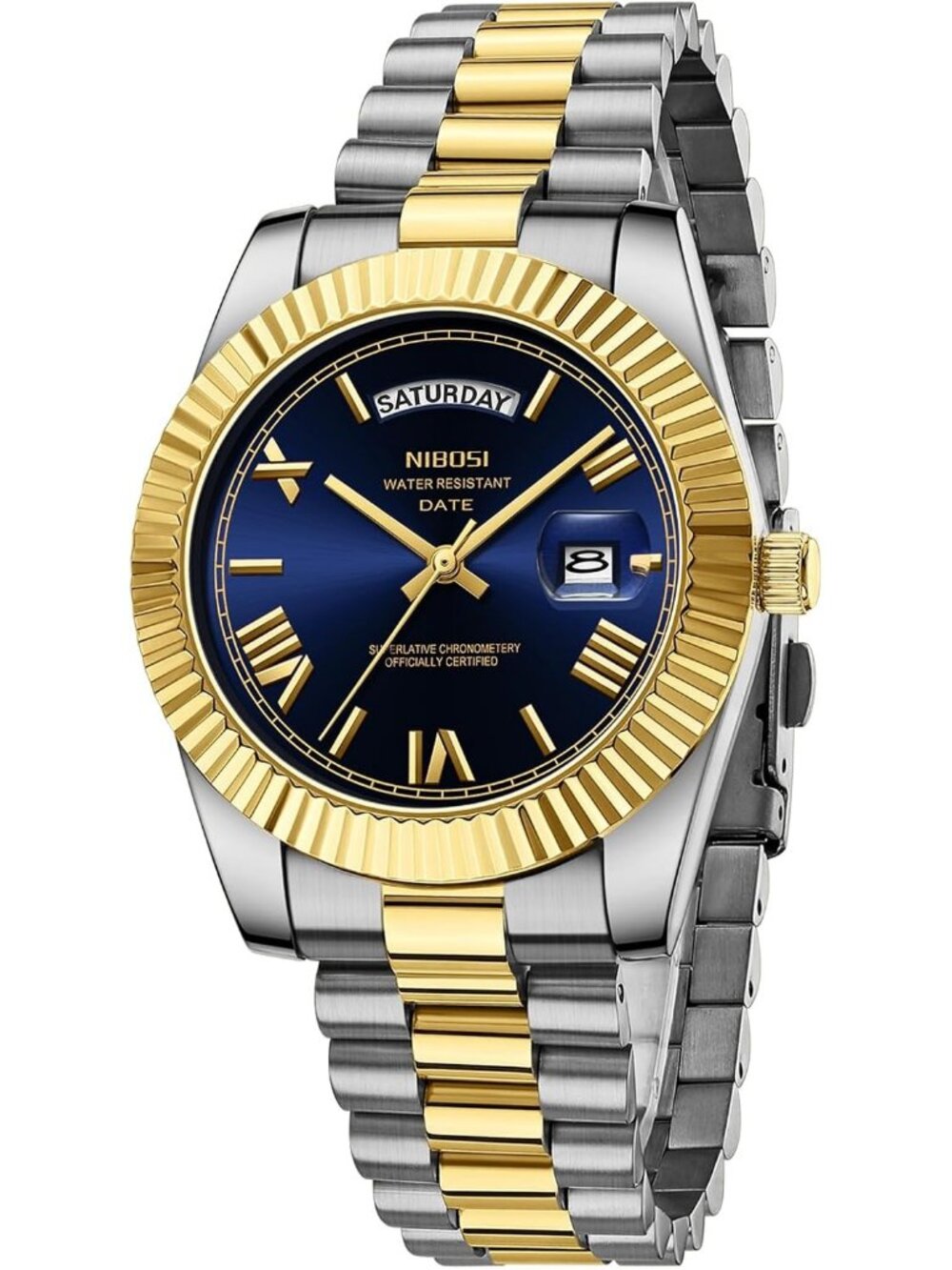 Nibosi Men's Silver Gold Analog Quartz Blue Face Waterproof Desiger Wrist Watch